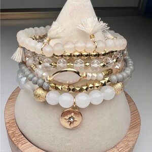 Boho Romantic Neutral White Cream Gray Bracelet Stack Gold Beaded & Gemstone